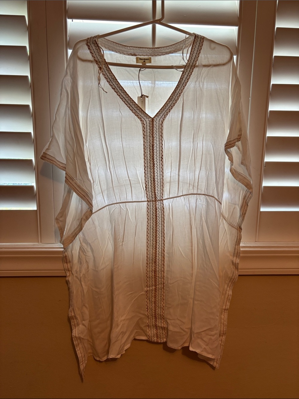 Cost Plus World Market White Embroidered V-Neck Kaftan